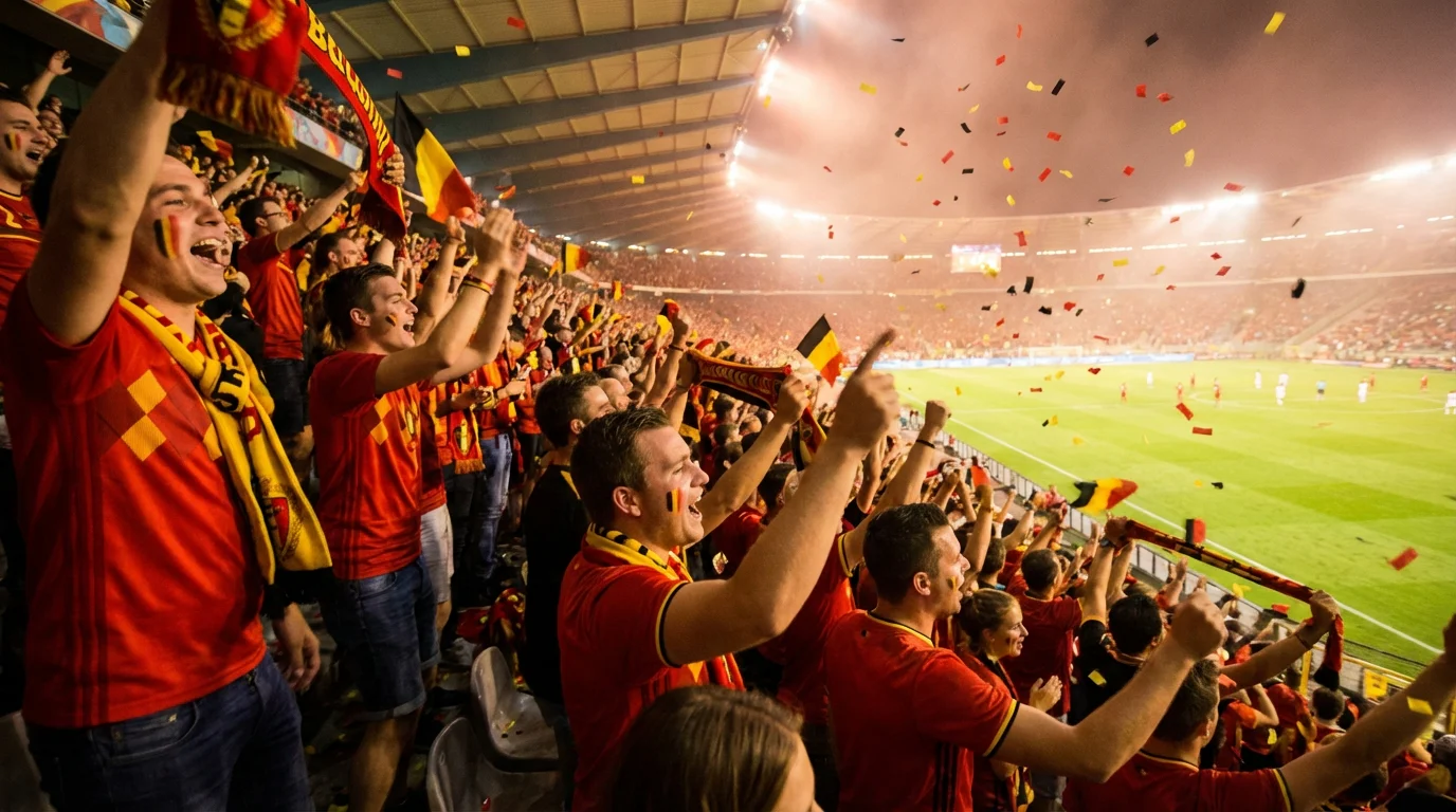 Belsch Roud Déiwelen Fans mat rouden Trikotten an enger Fantribün