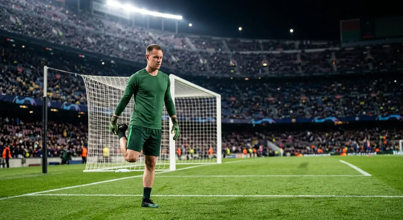 E Golkipper wiermt sech op engem Flutluucht-Terrain fir eng WM-Partie op