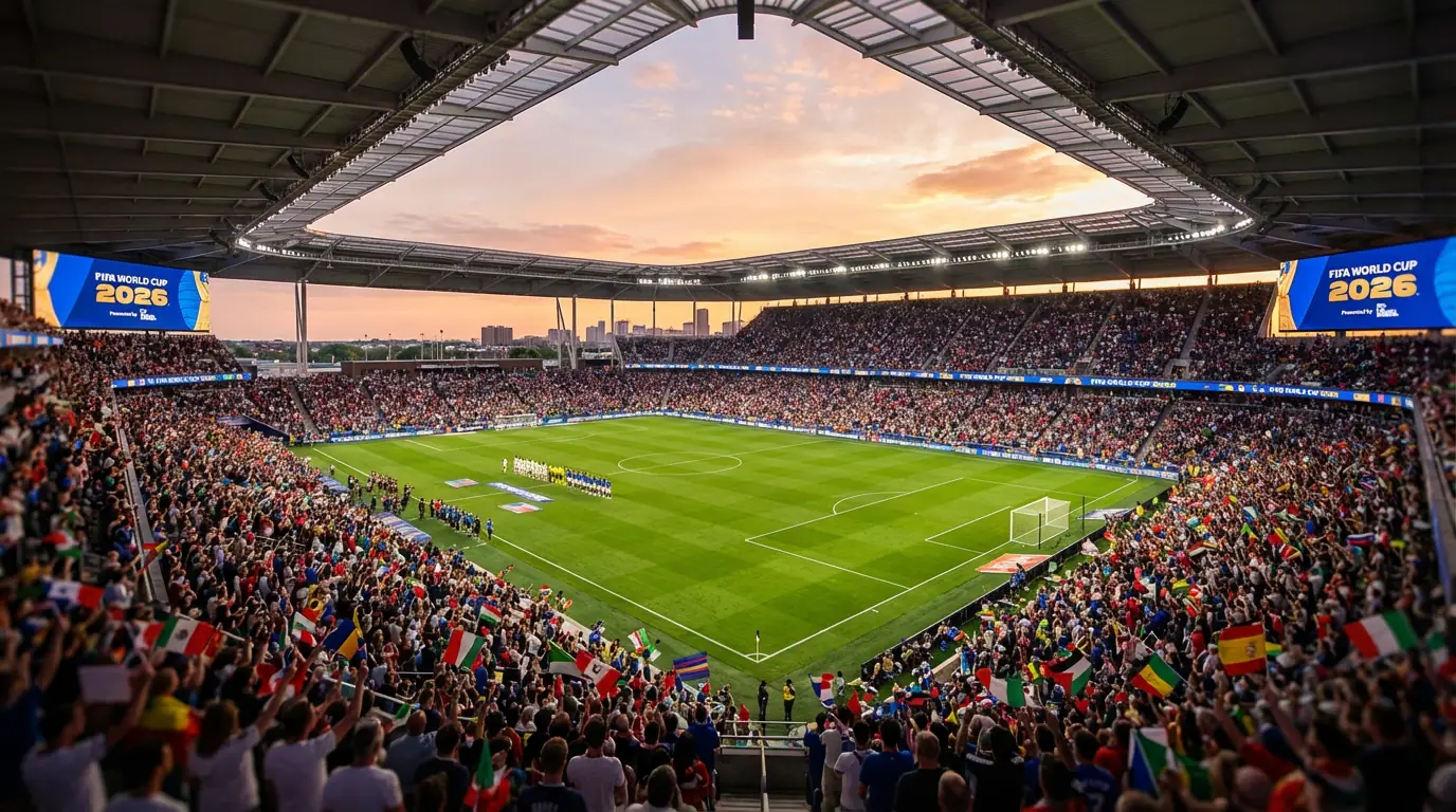 Foussball-Stadion mat Fanguiwen an internationale Fändelen zur WM 2026