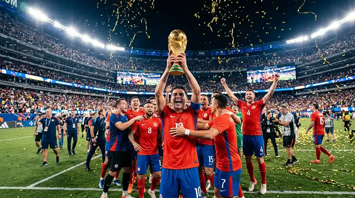 D'spuenesch Nationalekipp feiert den Titelgewënn bei der Weltmeeschterschaft 2026