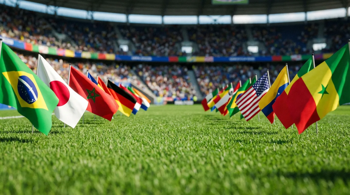 Foussball-Ekippen aus verschiddene Länner bei der WM-Auslousung mat Nationalfändelen