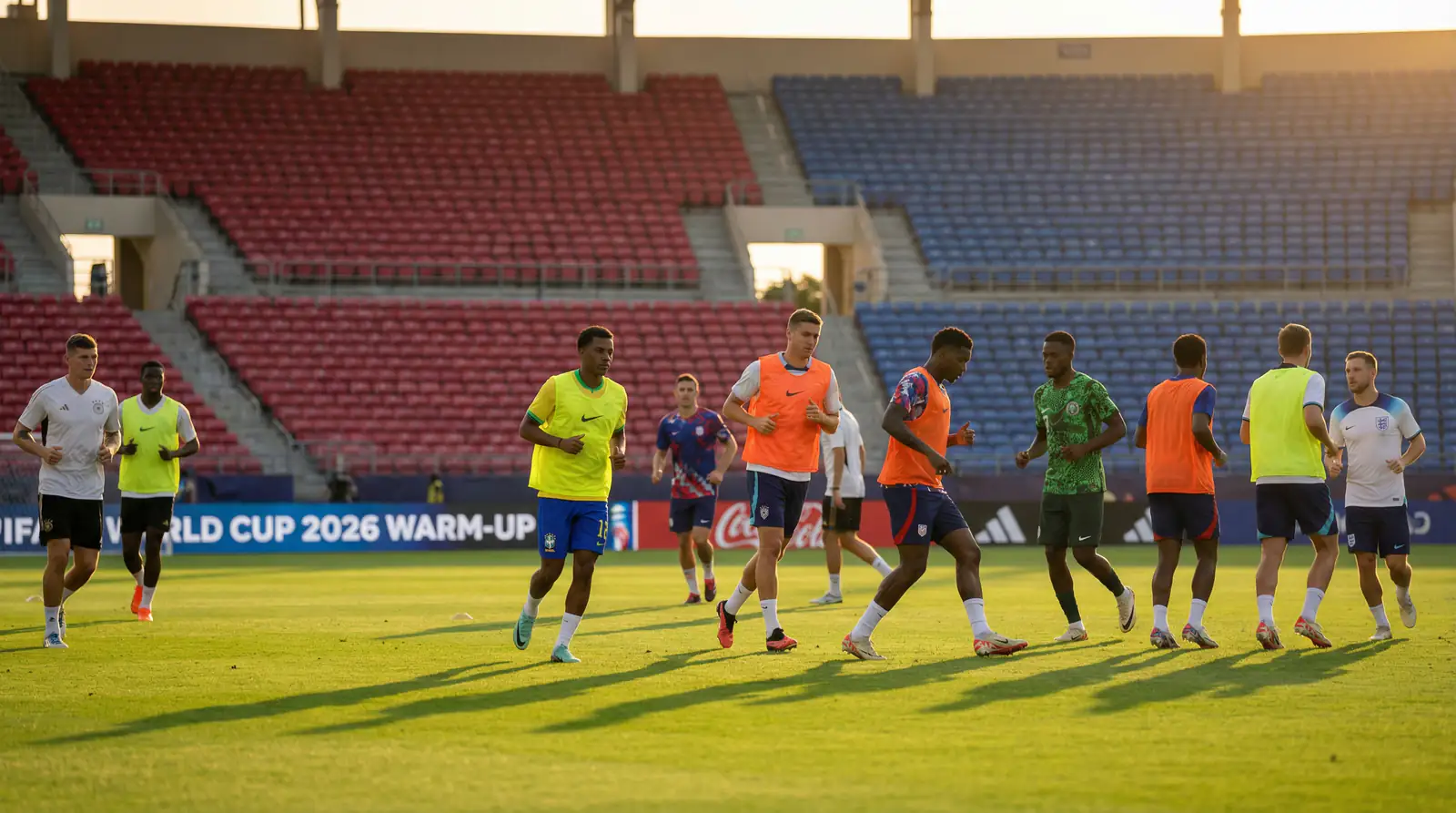 Foussball-Spiller beim Opwiermen virun engem WM-Match op gréngem Terrain