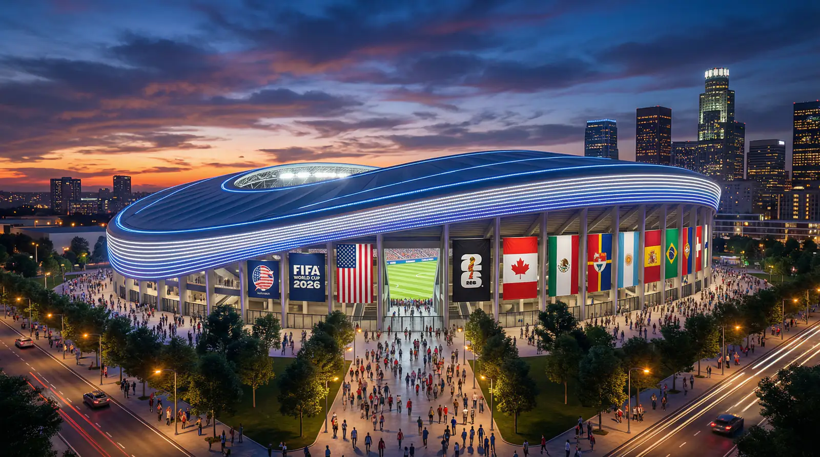 Modernt Foussball-Stadion an Nordamerika mat gréngem Terrain a volle Reihen