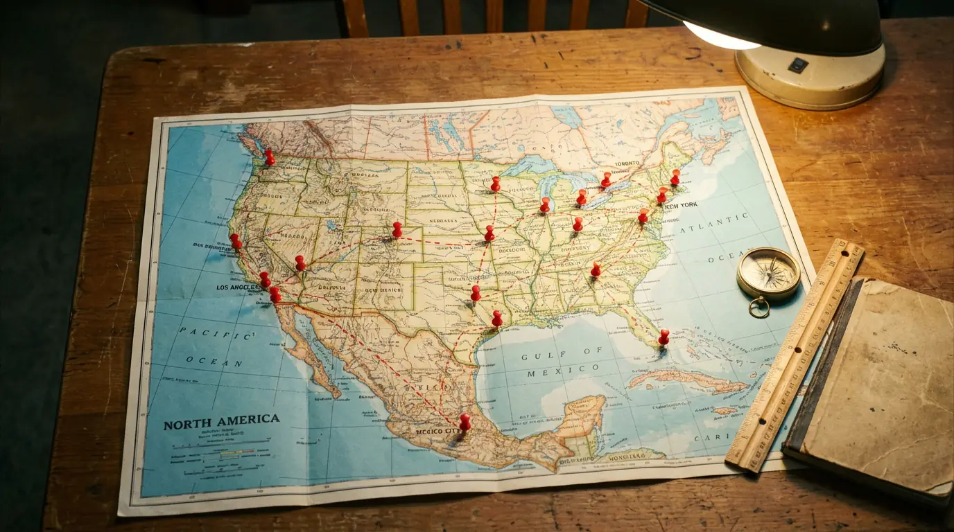 Kaart vun den 11 WM 2026 Stadien an den USA mat Stied a Kapazitéiten